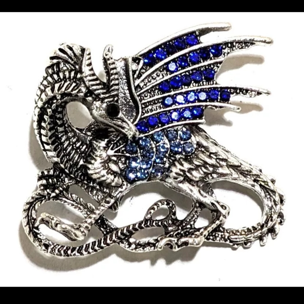 Dragon Brooch with Blue & Black Rhinestones